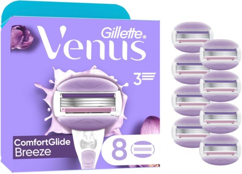 A Gillette Venus razor with eight refill blades, purple packaging, and a splash design on the box.