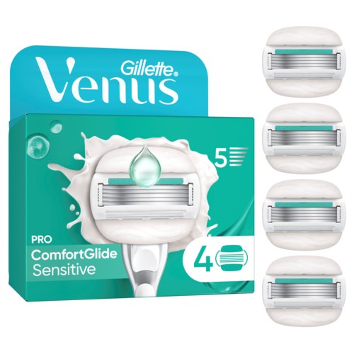Eine Packung Gillette Venus Rasierklingen mit vier Ersatzklingen für empfindliche Haut.