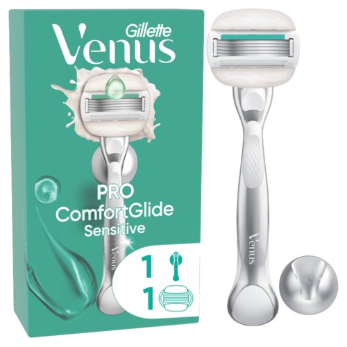 Gillette Venus Rasierer mit grüner Verpackung, weißem Griff und Klingenkopf, für empfindliche Haut.