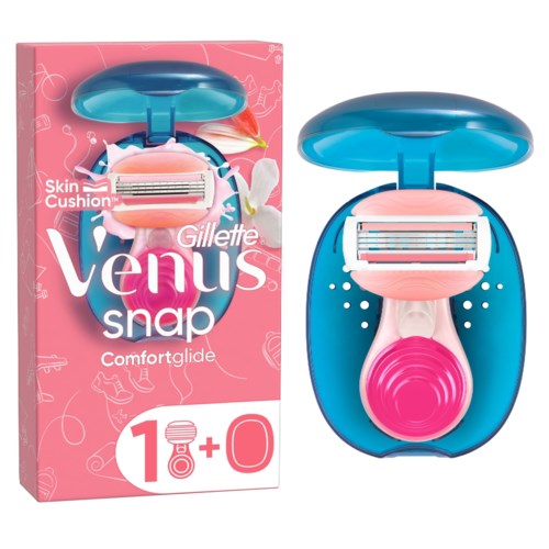 Ein rosa-blauer Gillette Venus Snap Rasierer mit rosa Griff, in einer blauen Hülle. Mit Ersatzklinge.