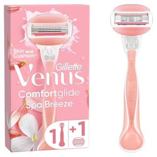 Ein rosa Gillette Venus Rasierer mit weichem rosa Griff, gezeigt mit Verpackung mit Blumenmuster und Produktinfo.