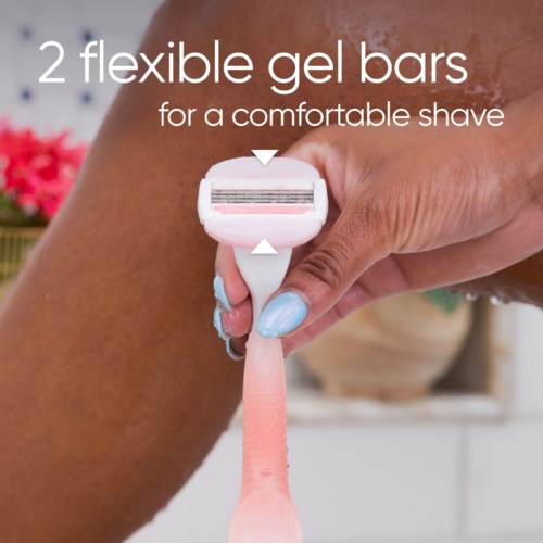 Eine Hand hält einen Rasierer mit zwei flexiblen Gel-Streifen für eine angenehme Rasur.