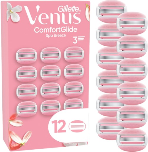 En förpackning med 12 rosa Gillette Venus ComfortGlide rakhyvlar på rosa bakgrund med blommotiv.