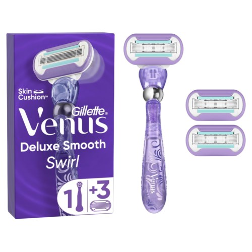Ein lila Gillette Venus Rasierer mit drei Ersatzklingen, für glattes Rasieren und Hautkomfort.