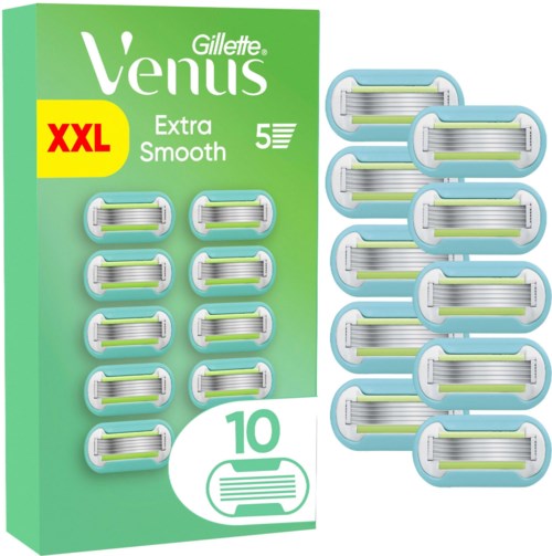 A box of Gillette Venus Extra Smooth razors, with ten replaced blades, labeled XXL and Extra Smooth.