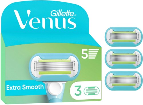 Gillette Venus razor blades packaging with three blades, extra smooth, and five refill blades in a box.