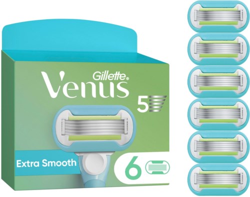 A box of Gillette Venus Extra Smooth razor blades with six replacements, displayed with five blades outside the box.