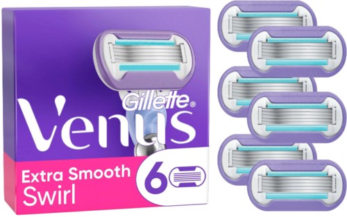 Gillette Venus razor blades, 6 blades, in purple packaging, labeled Extra Smooth Swirl.