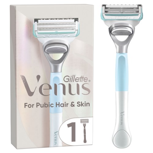 Gillette Venus Rasierer für Schamhaare und Haut, gezeigt mit Verpackung und Nutzungsdiagramm.