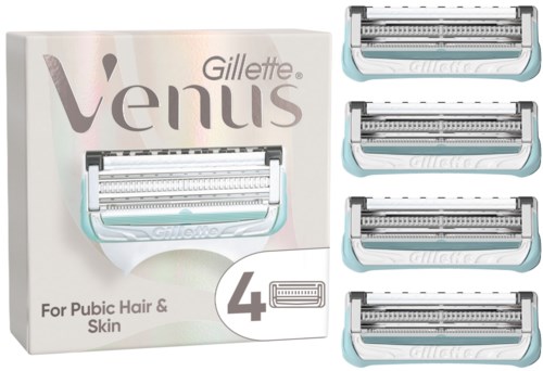 Gillette Venus Rasiererwechsel für Schambehaarung und Haut, vier Stück, mit einer Verpackung.