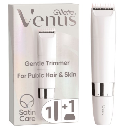 Ein Trimmer in Weiß mit einer Box, auf der 'Venus' steht. Für Schamhaare und Haut, einfaches Design.