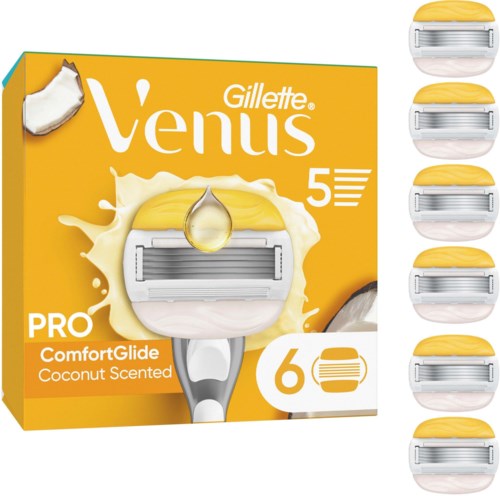Gillette Venus ProComfort Glide razor with six blades, coconut scent, and three refill cartridges shown.