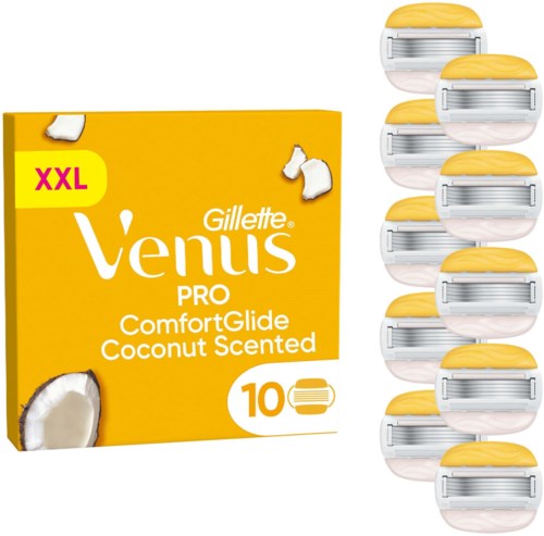 A yellow box of Gillette Venus Pro ComfortGlide Coconut Scented razors with ten cartridges, and nine extra cartridges stacked.