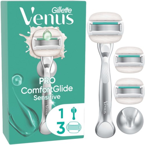 Gillette Venus ProComfortGlide Sensitive razor with extra blades, handle, and additional interchangeable heads.