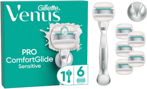 Gillette Venus ProGlide Sensitive barberhøvel med seks erstatningshoder og et lite deksel.
