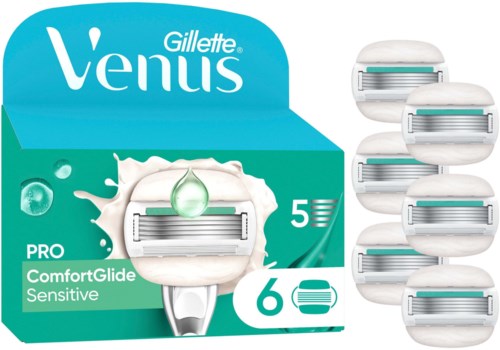 Gillette Venus Pro ComfortGlide Sensitive Rasierer, fünf Einweg-Köpfe, in einer blauen und weißen Verpackung.