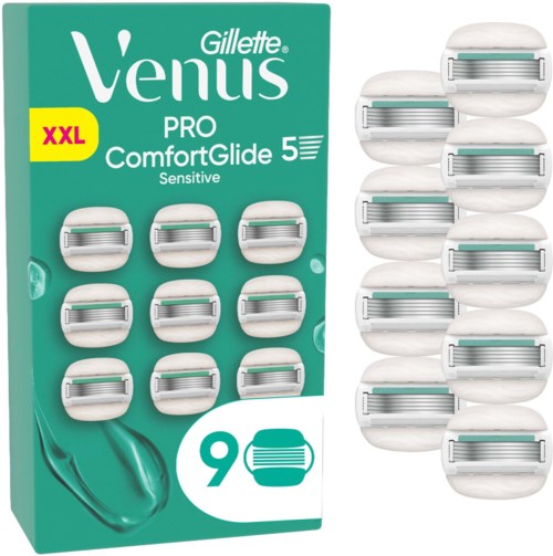 Gillette Venus Pro ComfortGlide 5 Sensitive Rasierklingen, neun Packungen, mit Verpackung und Klingen.