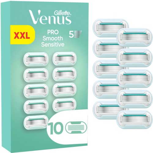 Eine Schachtel Gillette Venus Pro Sensitive Klingen, mit 10 Klingen sichtbar, mit XXL gekennzeichnet für empfindliche Haut.