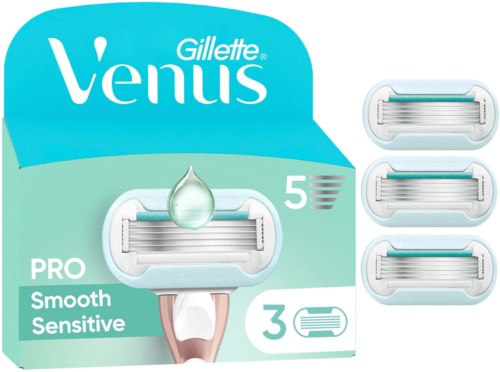 Gillette Venus Rasierklingen-Refillpackung mit 3 Klingen, feuchtigkeitsversiegelnder Streifen, und 5 Nachfüllklingen, mit 'PRO Smooth Sensitive' etiketti.