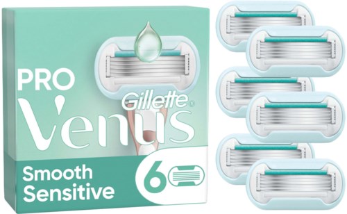 Gillette Venus Rasierer-Klingenbox mit sechs Ersatzklingen, markiert als glatt und empfindlich.