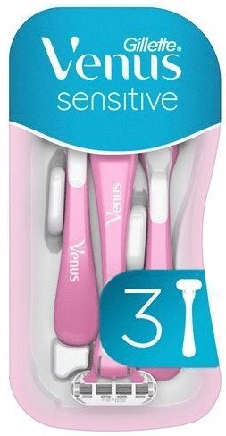 Gillette Venus Sensitive Rasierer-Set mit drei rosa und weißen Griffen, geeignet für empfindliche Haut.