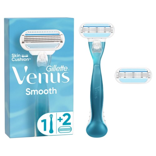 Gillette Venus Smooth Rasierer mit zwei Ersatzklingen und einer Schachtel. Für eine glatte Rasur.