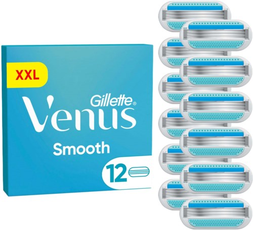 Schachtel Gillette Venus Smooth Rasierer, 12 Stück, mit mehreren Rasierklingen neben der Packung.