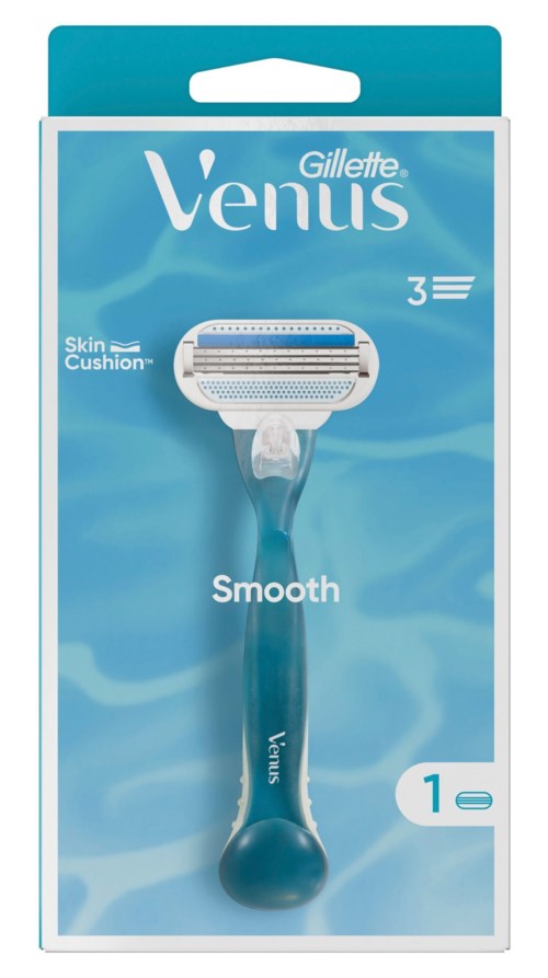Gillette Venus Rasierer mit blauem Griff und Hautkissen für glattes Rasieren.