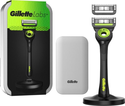 A Gillette Labs razor set with a handle, a stand, and a travel case in packaging.
