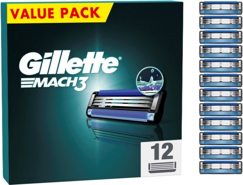 Gillette Mach3 Rasierklingen in einem Karton, mit 'Value Pack' beschriftet, 12 Stück. Enthält eine Abbildung eines Rasierers.