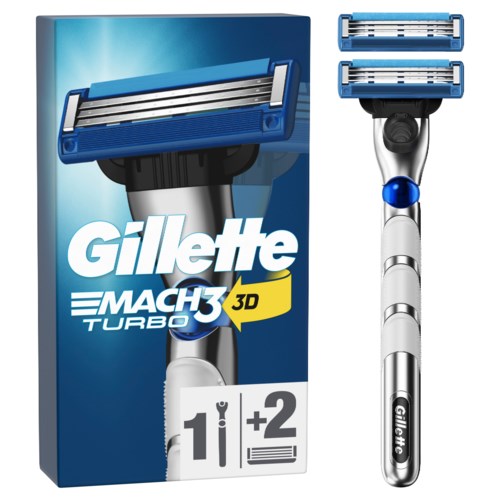 Ein Gillette Mach3 Turbo Rasierer mit zwei Klingen vor seiner blauen Verpackung.