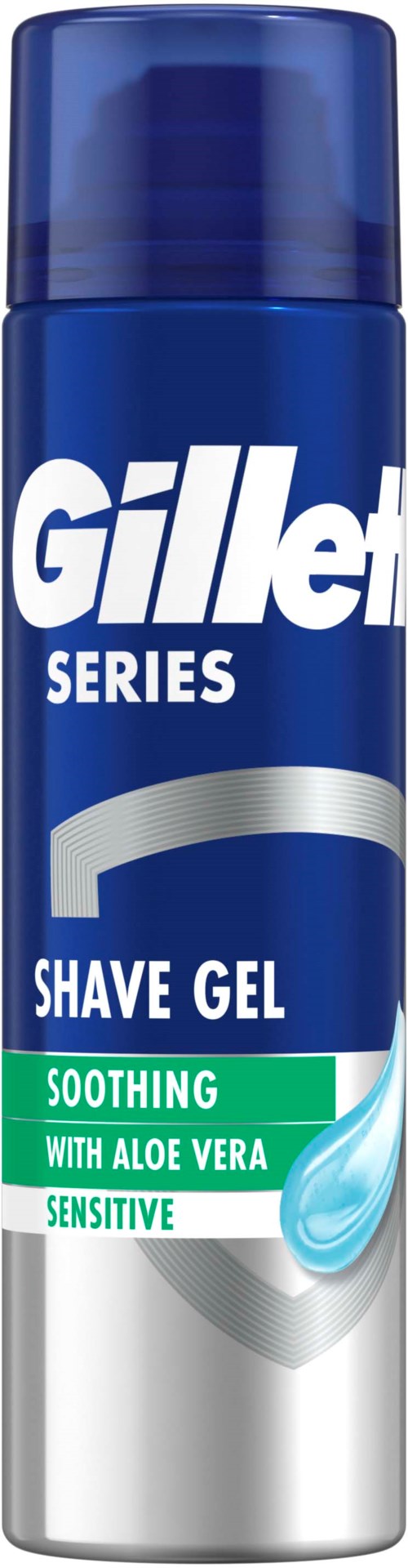 Blaue Dose Gillet Rasiergel, Beschriftung sagt beruhigend, Aloe Vera, empfindlich.