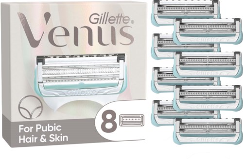 Packung mit 8 Gillette Venus Einwegrasierklingen für Schamhaare und Haut. Rasierer angeordnet mit Verpackung. Schlichtes, sauberes Design.