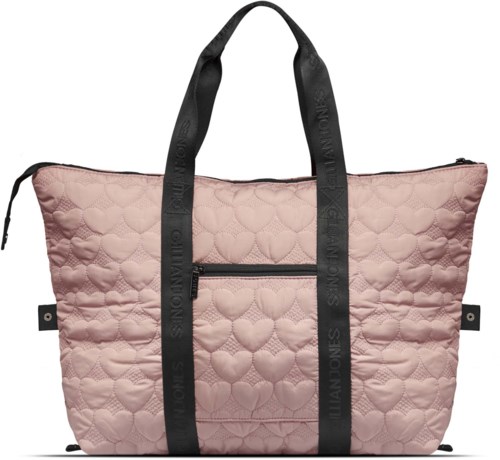 A pink quilted tote bag with black handles and a front zip pocket.