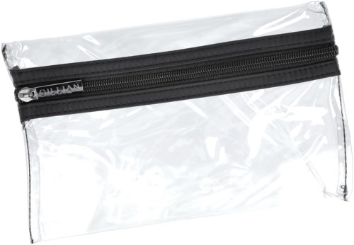 Doorzichtige plastic zak met zwarte rits, gebruikt voor het dragen van kleine spullen.