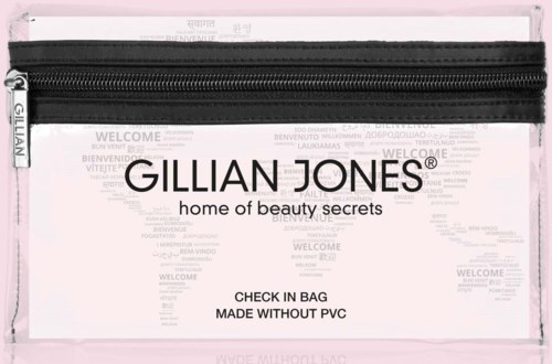 Een doorzichtige tas met zwarte rits en tekst. De tas promoot een schoonheidsmerk genaamd GILLIAN JONES.