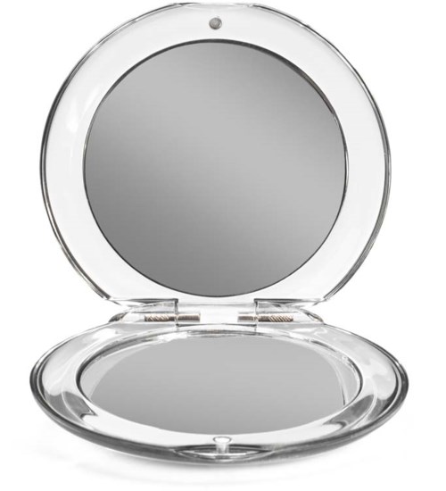 Een ronde, heldere make-upspiegel met deksel, beide van plastic of glas.
