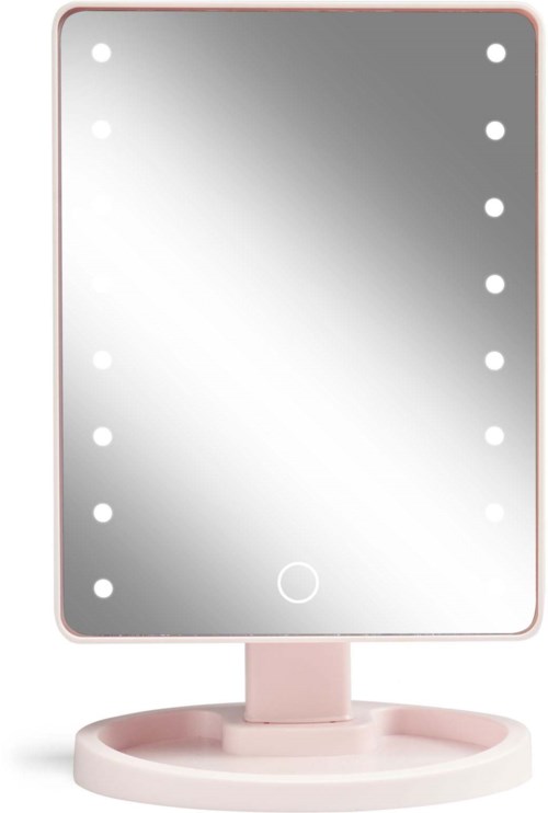 Ein rosa Tischspiegel mit Lichtringen an den Rändern und runder Basis.