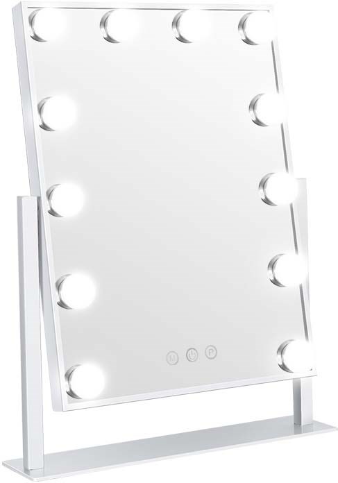 Een witte make-upspiegel met meerdere gloeilampen rondom en touch-bediening onderaan.