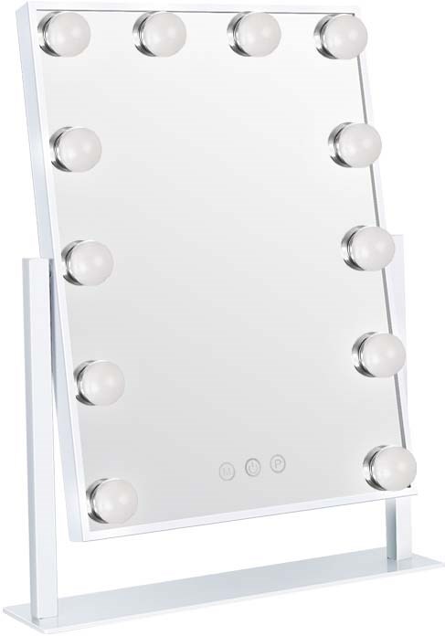 Een witte staande spiegel met 12 ronde lichten rondom de randen, staand op een frame met knoppen onderaan.