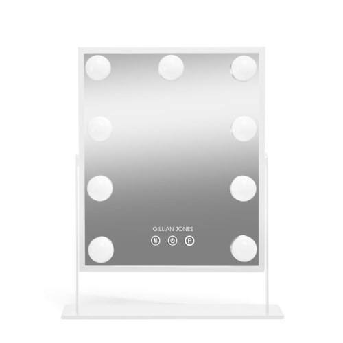 Een spiegeltje met ronde lampjes, een reflecterend oppervlak en aanraakbediening onderaan.