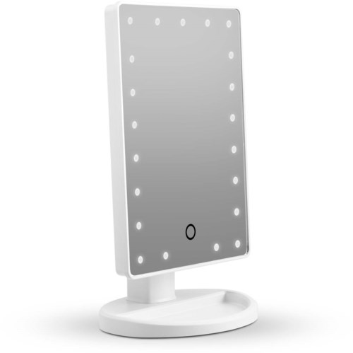 Een wit make-up spiegel met LED-lichten rond de randen, op een standaard.