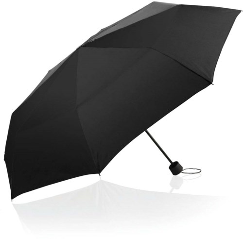 A black compact umbrella with a handle, partially open, designed for carrying in a bag or pocket.