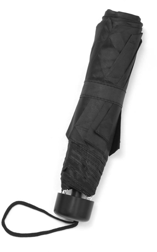 A black compact umbrella with a strap, neatly folded and ready to use.