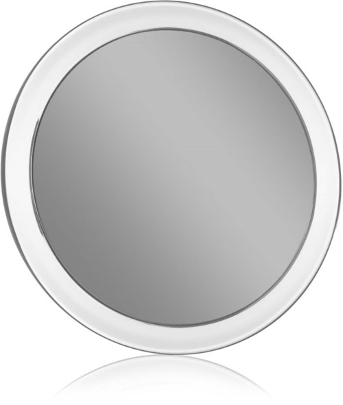 Een ronde spiegel met een witte rand en reflecterend glas.