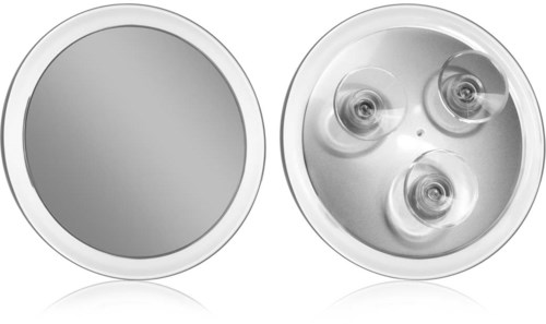 Een ronde LED-licht met drie kleine lampjes en een glad, reflecterend oppervlak. Aan de achterkant zitten drie kleine lampjes.