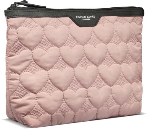 A pink quilted pouch with heart patterns, a black zipper, and a "GILLIAN JONES DENMARK" label at the top.