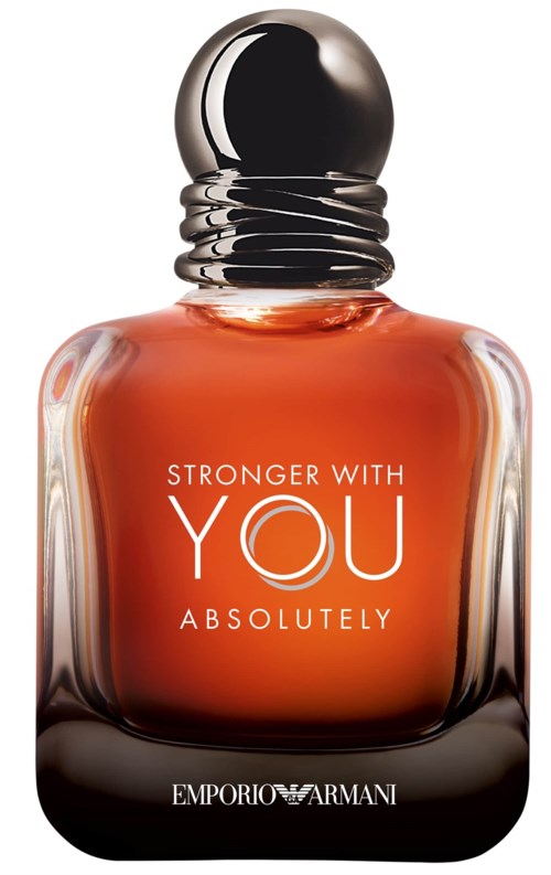 Ein Parfümflasche mit dem Label "Stronger With You Absolutely" von Emporio Armani, mit einem runden silbernen Deckel und orangefarbendem Duft.