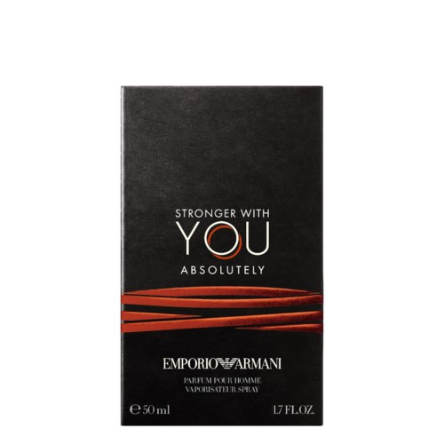 Schwarze Parfümverpackung mit Text und roten Designelementen. Marke ist Emporio Armani. Duftname ist 'Stronger with You Absolutely.'