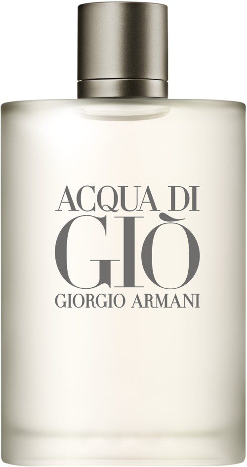 Eine weiße Parfümflasche mit silberner Kappe, beschriftet 'Acqua di Giò Giorgio Armani.'